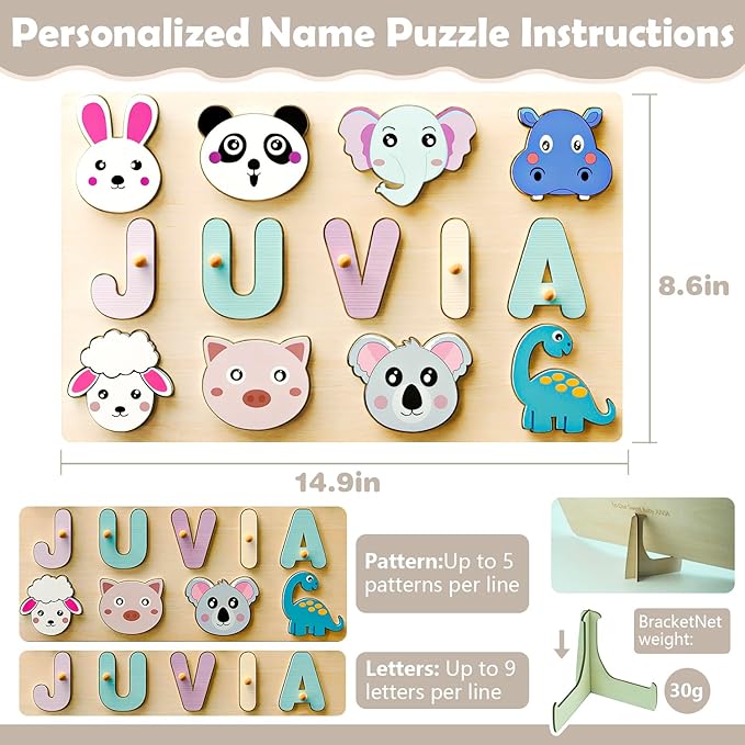 Name Puzzle for Kids Personalized - Custom Name Puzzles for Toddlers 1-3, Customized Wooden Animal Puzzle, Baby Gifts, Baby Shower, Christmas, Newbaby Gift, Gifts for 0 1 2 3 Years Old (style-01)