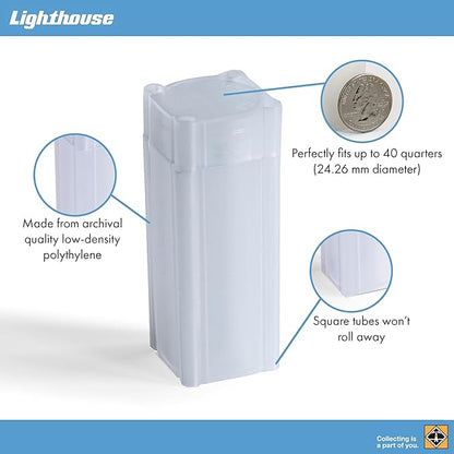 LIGHTHOUSE - Square Coin Tubes - Convenient Push Top, Virtually Unbreakable, Acid Free and Archival Quality - Coin Tubes for US Quarters, 10 Pack