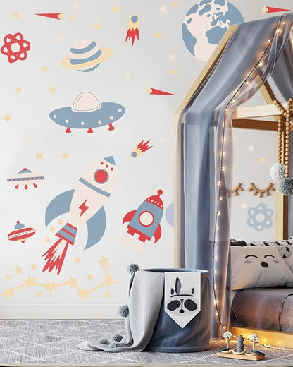 Space Peel and Stick Decals Rocket Planets Stars Wall Sticker Removable Vinyl Decals for Nursery Kids Room Girls Boys Bedroom Playroom Wall Decor