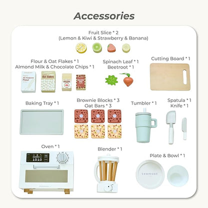 Teamson Kids Little Chef Santa Barbara Wooden Healthy Dessert Set - 27 Pieces Pretend Toy Food Accessories Plus Oven & Blender, Educational Role-Play for Kids Ages 3+, White