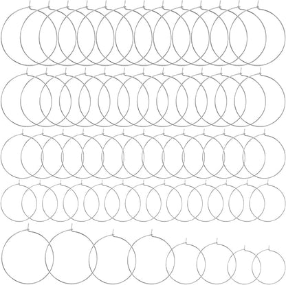 Pndeyo 60pcs Hypoallergenic Earring Beading Hoops, Mix Sizes Round Hoop Earrings Findings, Open Earring Wire Ring Accessories for Jewelry Making- Silver