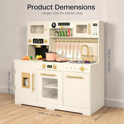 Wooden Play Kitchen for Toddler, Toy Kitchen Set for Kids Pretend Play with 41 Pcs Toy Food & Cookware Accessories, Kitchen Playset Gift for Boys and Girls Ages 3+