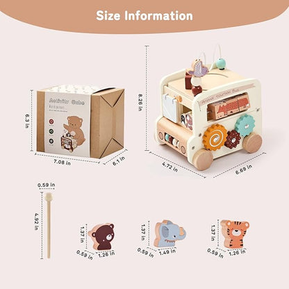 Wooden Activity Cube 8-in-1 Montessori Toys | Multifunctional Early Educational Learning Toys | Wooden Toy for Baby Shape Sorter Xylophone Animal Travel Bus Boy Girl Birthday Gift（Beige Bus）