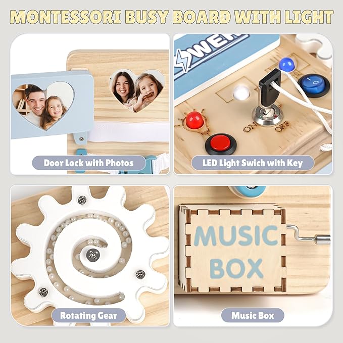 Joyreal Montessori Busy Board with LED Lights, Autism Sensory Travel Toys, Fidget Board Ideal Gift for Boys Girls Wooden Toddler Toys