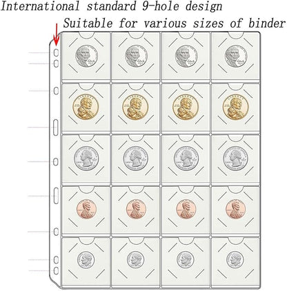 15 Sheets 300 Pockets Coin Pocket Pages for 2" x 2" Cardboard Coin Flips, Standard 9-Hole for Coins Coin Binder Collection Supplies Pages