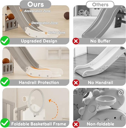 KORIMEFA 7 in 1 Toddler Slide Playset, Kid Slide for Toddlers Age 1-3 with Ring Toss, Basketball Hoop, and Telescope, Indoor Outdoor Slide Toddler Playset Playground, Gray