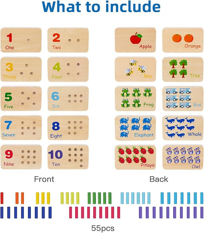 TOOKYLAND Peg Board Toddler Toys, Counting Wooden Toys with 55 Pegs, Wooden Math Manipulatives,Montessori Math and Numbers for Kids & Kindergarten Learning Activities