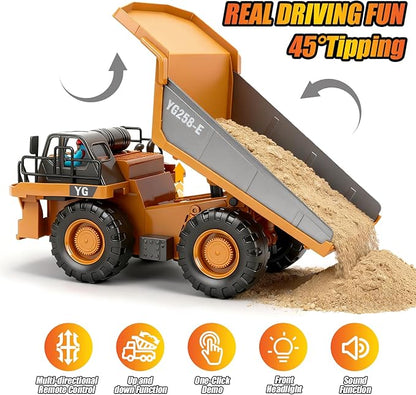 HuiJuKeJi Remote Control Dump Truck - 360° Rotating Metal Bed, 9-Channel RC Construction Toy for Indoor Outdoor Play, Rechargeable with Lights & Sounds, for Kids Ages 6+