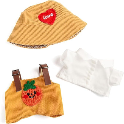 17cm Design Clothes for Labubu Doll - Kawaii Chic Style Set for 17cm Dolls, Cute Doll Outfit with Accessories - White Shirt + Yellow Pumpkin Romper + Heart Shaped Yellow Hat (Clothes Only)