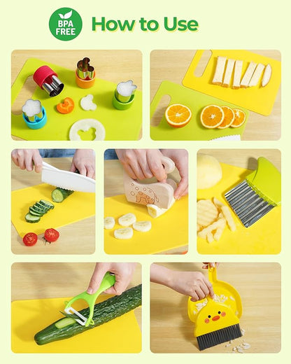 Kids Kitchen Knife Set, 15 Pcs BPA Free Montessori Kitchen Tools for Toddlers' Real Cooking, Include Knives, Crinkle and Sandwich Cutters, Peeler, Cutting Boards, Cleaning Tools for 3+ Birthday Gift