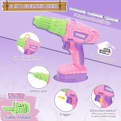 Kids Tool Set for Girls - Toddler Tool Set with Toy Chainsaw, Electric Toy Drill, Pretend Play Construction Tools Toy Gifts for Kids Aged 3 4 5 6 7