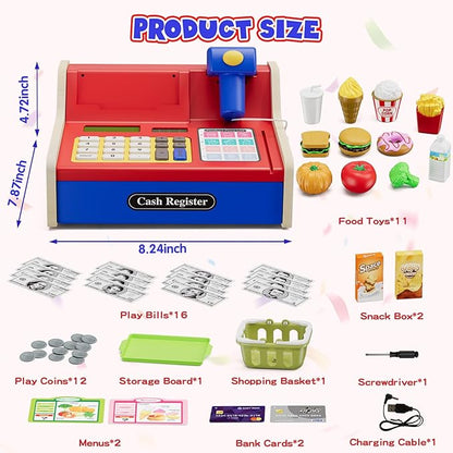 Wooden Cash Register for Kids with Real Calculator, Rechargeable Cash Register Toy with Scanner/Play Money/Food/Credit Card/Menu, Pretend Play Toys Gifts for Boys Girls Ages 3-8, Blue