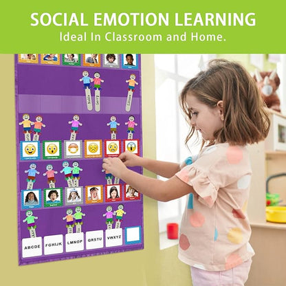 Boczif Emotions Feelings Pocket Chart for Classroom Chart with 24 Cards for Preschool Teacher, Daycare Decor, Social Emotional Learning Activities, Calm Down Corner Supplies (Purple)