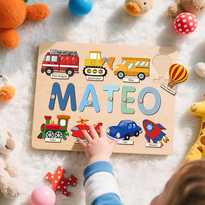 Personalized Name Puzzle for Toddlers 1-3, Custom Wooden Puzzle with Animal Names & Patterns, Montessori Learning Toy, Unique Baby Shower for Boys & Girls