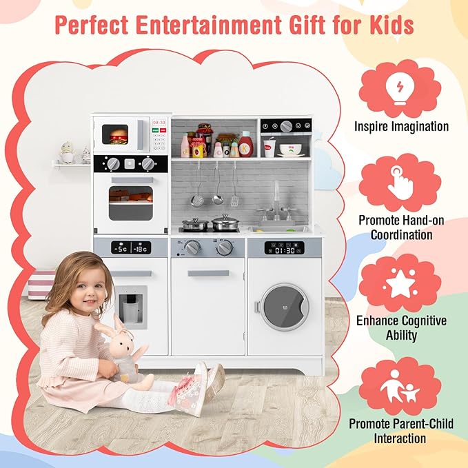 Costzon Kids Kitchen Playset, Wooden Toddler Play Set w/Real Lights & Sounds, Sink, Faucet, Water Dispenser, Microwave, Oven, Washing Machine, Little Chef Pretend Play Kitchen for Kids Ages 3+