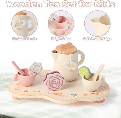 Wooden Tea Party Set for Little Girls Toddler, Princess Tea Cupcake Stand Food Dessert, Play Kitchen Accessories for Toddlers 3 4 5 6 Years Old, Wooden Toys Birthday Kids Girls Gifts 3-6