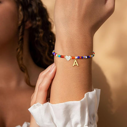 Colorful Initial Bracelets for Women Girls - Cute Beaded Heart Initial Bracelet Teen Girl Gifts Trendy Stuff, Bohemian Gold Charm Bracelet Personalized Gifts for Women Girls Jewelry
