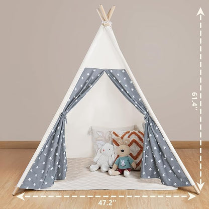 Teepee Tent for Kids Slumber Party with Mat & Light & Carry Case - Kids Cotton Canvas Play Tee Pee Tent Indoor Outdoor Folding for Boys and Girls Gift - Tipi Play House Garden Picnic Tents Child