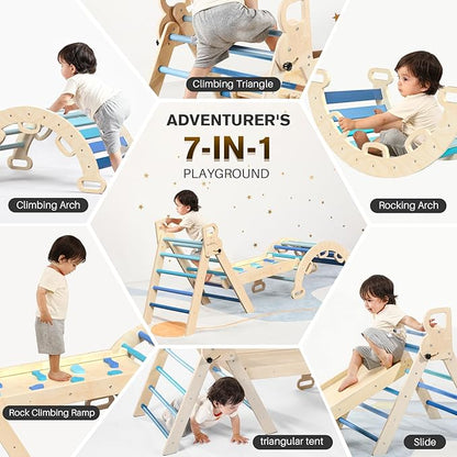 BlueWood Pikler Triangle Set 7in1 Foldable Baby Climbing Toys Wooden Montessori Climbing Set with Arch&Ramp&Ladder Baby Climber Indoor Jungle Gyms for Toddlers Montessori Toys - Sky Blue