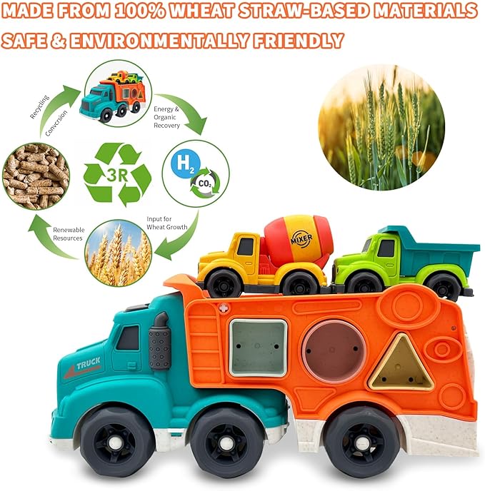 3 Pcs Toddler Car Toys for 1-3 Years Old, Construction Vehicle Toys Carrier Tuck Set Includes Dump Truck, Mixer Cement, Shape Sorter, No BPA, Phthalates, PVC, Christmas Birthday Gifts for Kids