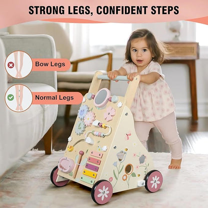 Wooden Baby Walker, Baby Push Walker, Push Walker Toys for Babies Learning to Walk & Sit-to-Stand, with Montessori Sensory Toy & Activity Center for Girls Boys