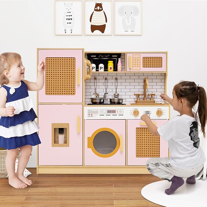 Costzon Kids Kitchen Playset, Wooden Play Kitchen w/Rattan Door, Realistic Lights & Sounds, Water Dispenser, Washing Machine, Cooking Accessories, Montessori Toy for Kids 3+ Year Old (Pink)