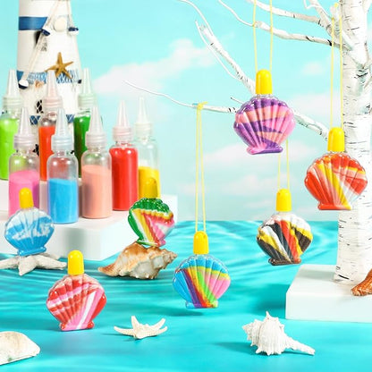 Relaxgiant 37 Pcs Shell Shaped Sand Art Bottle Necklace Kits Include Plastic Sand Art Bottles Necklace, 12 Colored Art Sand, Mini Plastic Funnels for DIY Art Class Crafts Supplies