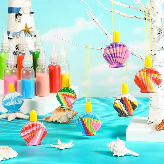 Relaxgiant 74 Pcs Shell Shaped Sand Art Bottle Necklace Kits Include Plastic Sand Art Bottles Necklace, 12 Colored Art Sand, Mini Plastic Funnels for DIY Art Class Crafts Supplies