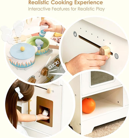 Wooden Play Kitchen for Kids with Ice Maker — Small White Pretend Kitchen Set with Sink, Stove, Oven & Microwave, Utensils and Storage, Montessori Role-Play Toy, Gift for Toddlers Ages 3+