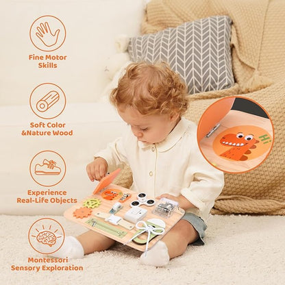 Montessori Toys for Tooddlers- Busy Board for 1 2 3 4 Years - Educational Fidget Toy for Baby - Wooden Sensory Toys for Autistic Children - Preschool Activities - Fine Motor Skills – Travel Toy