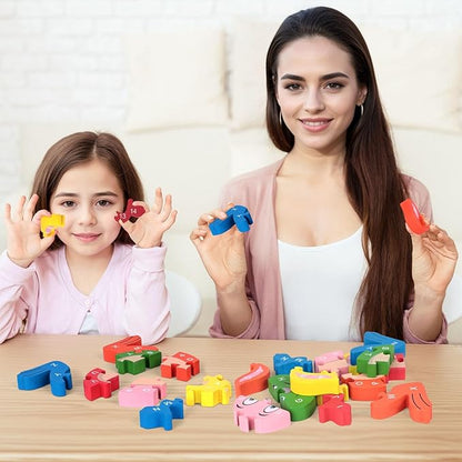 LovesTown Rabbit Wooden Puzzles, 26PCS Alphabet and Number Building Blocks Wood Jigsaw Puzzle for Kids Preschool, Medium