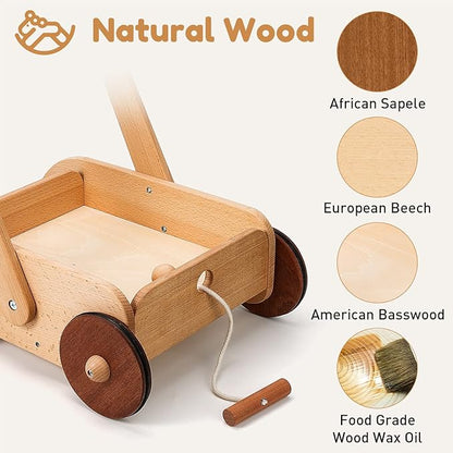 Woodtoe Wooden Baby Walker, Adjustable Speed Anti-Rollover Push Walker Toy for Babies Learning to Walk, Natural Wood Toddler Push and Pull Toys Wagon Birthday Toy for Boy Girl 1-3(Patent Protection)