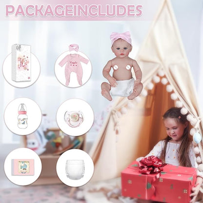 WOOROY Lifelike Reborn Baby Dolls - 18 Inch Silicone Baby Girl Vinyl Body Realistic Newborn Dolls with Open Eyes, Handmade Poseable Real Life Baby Doll, Gift with Doll Accessories for Kids 3+