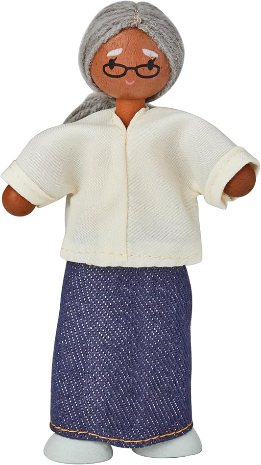 PlanToys® Grandmother Dollhouse Figure - Medium Skin Tone | Poseable 1:12 Scale Dollhouse People | Montessori Pretend Play Doll with Bendable Arms & Legs | Eco-Friendly Wooden Figurine for Kids