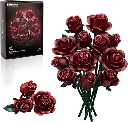 iATOM Burgundy Red Rose Bouquet Building Set, Artificial Flowers Botanical Collection Kit for Adults Women, Halloween & Valentines Gift - Gothic Home Office Table Centerpiece Decor - IA11016