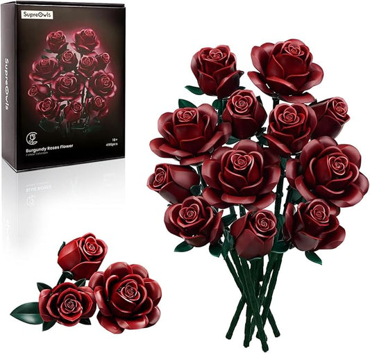 iATOM Burgundy Red Rose Bouquet Building Set, Artificial Flowers Botanical Collection Kit for Adults Women, Halloween & Valentines Gift - Gothic Home Office Table Centerpiece Decor - IA11016