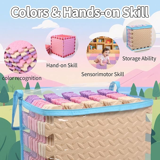 36 Tiles Foam Play Mat for Baby, 0.4 Inch Thick Foam Interlocking Floor Mats, Soft Non-Toxic Baby Playmat, Solid Colored Puzzle Play Mat Kids Floor Mats for Toddler(Pink/Beige/Purple)
