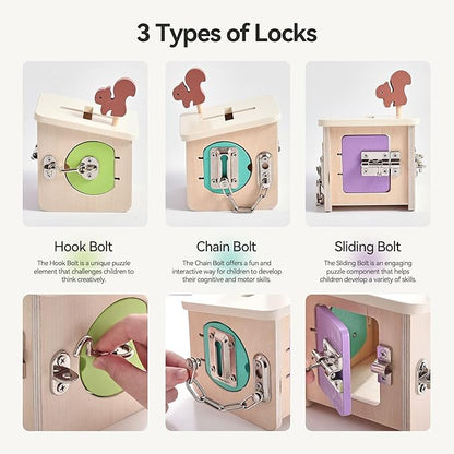 Wooden Lock Box STEM Learning Toys for Kids - Montessori Puzzle Cube with 3 Types of Locks (Hook/Chain/Sliding Bolt), Shape Sorting - Early Educational Fine Motor Skills for Boys & Girls