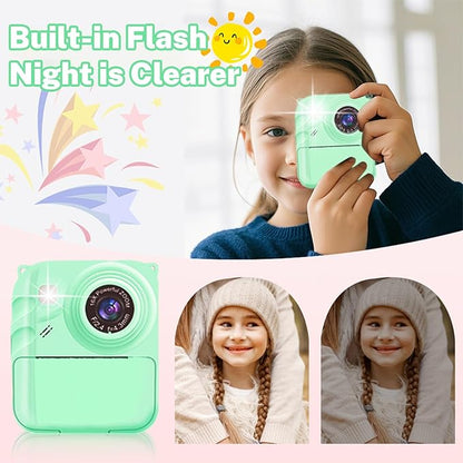 Instant Print Camera for Kids, 1080P Video Camera with 3 Print Rolls, 32GB Card & Cute Cover, Gift for Girls Boys Age 3-12, Toddler Digital Camera with Games, Filters, Music – Green
