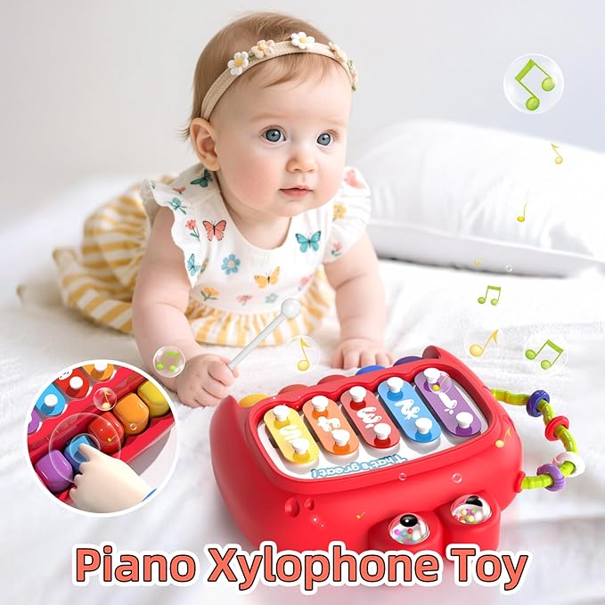 4 in 1 Baby Toys for 6-12 Months, Infant Sensory & Stacking for 1 Year Old, Dinosaur Busy Cube Toys for Babies 6-9-12 Months, Piano Xylophone Musical Travel Toy, Christmas Birthday Gifts for Toddler