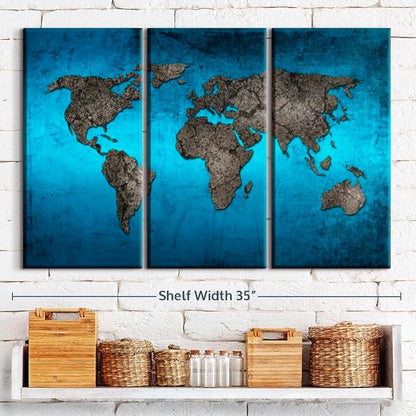 ElephantStock Ocean World Map Multi Piece Canvas - 3 Panel Wall Decor - Map of the World Art - Canvas for the Office and Home - 33" X 20"
