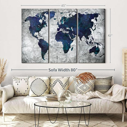 ElephantStock Deep Blue World Map Multi Piece Canvas - 3 Panel Wall Decor - Map of the World Art - Canvas for the Office and Home - 65" X 42"