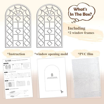 iLAND 1/12 Scale Accessories of Dollhouse Window, Wooden DIY Dollhouse Building Supplies, Complete Miniature Window Kit w/Wooden Frame & Grid Pattern PVC Film
