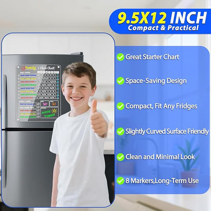 PigPotParty Acrylic Magnetic Chore Chart for Kids on Fridge – 9.5"x12" Daily & Weekly Dry Erase Chore Board with 8 Fine Tip Markers and 1 Towel – Responsibility Chart with Reward Point System