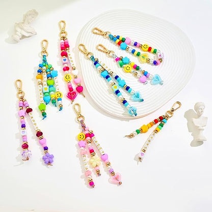 MYCUTEY 421Pcs DIY Keychain Making Kit - Beaded Keychain & Bag Charm Craft Supplies with Colorful Beads, Cords and Acrylic Heart Flower Charms for Kids, Personalized Alphabet A-Z Name Making Kit Gifts