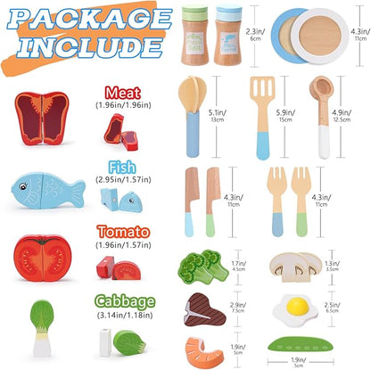 Play Kitchen Accessories, Wooden Play Cooking Set, Pretend Play Kitchen Set for Kids, Including Stove, Cookware Pots and Pans, Cooking Utensils Playset, Cutting Food Playset for Girls Boys Toddler