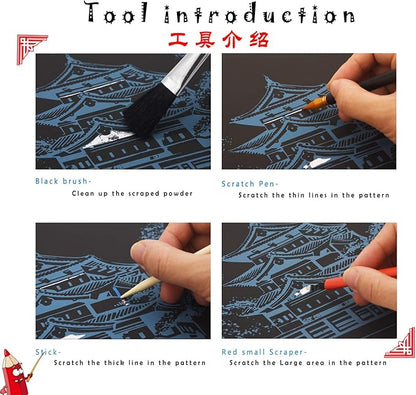 Scratch Art for Adults and Kids-City Landmarks Scratch Painting Craft Kit (8 Sheets A4)|DIY Foil Engraving Art Set|Stress Relief Gift for Travel Lovers, Craft Lovers, Home Decor (Firework&Sakura)