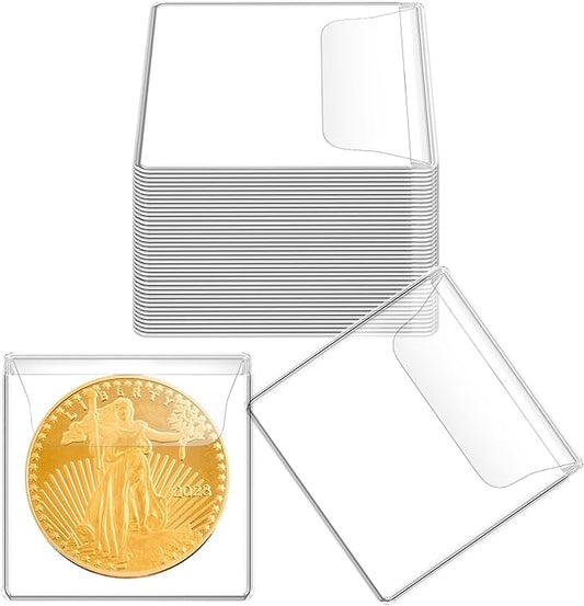 50PCS Single Pocket Coin Sleeves, 2.1 x 2.1 Inches Clear Plastic Coin Holders Individual Coin Protectors Small Pouches for Coin Currency Bills Collectors