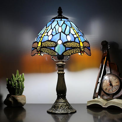 Tiffany Table lamp 8-inch Small Stained Glass lamp in a Vintage Dragonfly Pattern Style can be Used as a Decoration for The Living Room Bedside in The Bedroom or Desk
