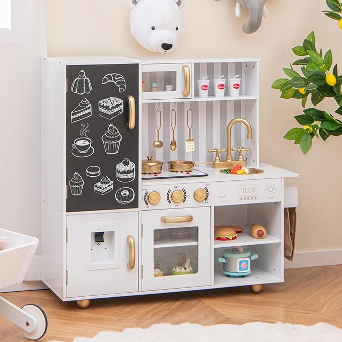 HONEY JOY Kids Kitchen Playset, Wooden Little Chef Pretend Play Kitchen Set w/Chalkboard & Water Dispenser, Lighted Stove, Storage Cabinet, Utensils, Play Kitchen for Toddlers, White + Golden